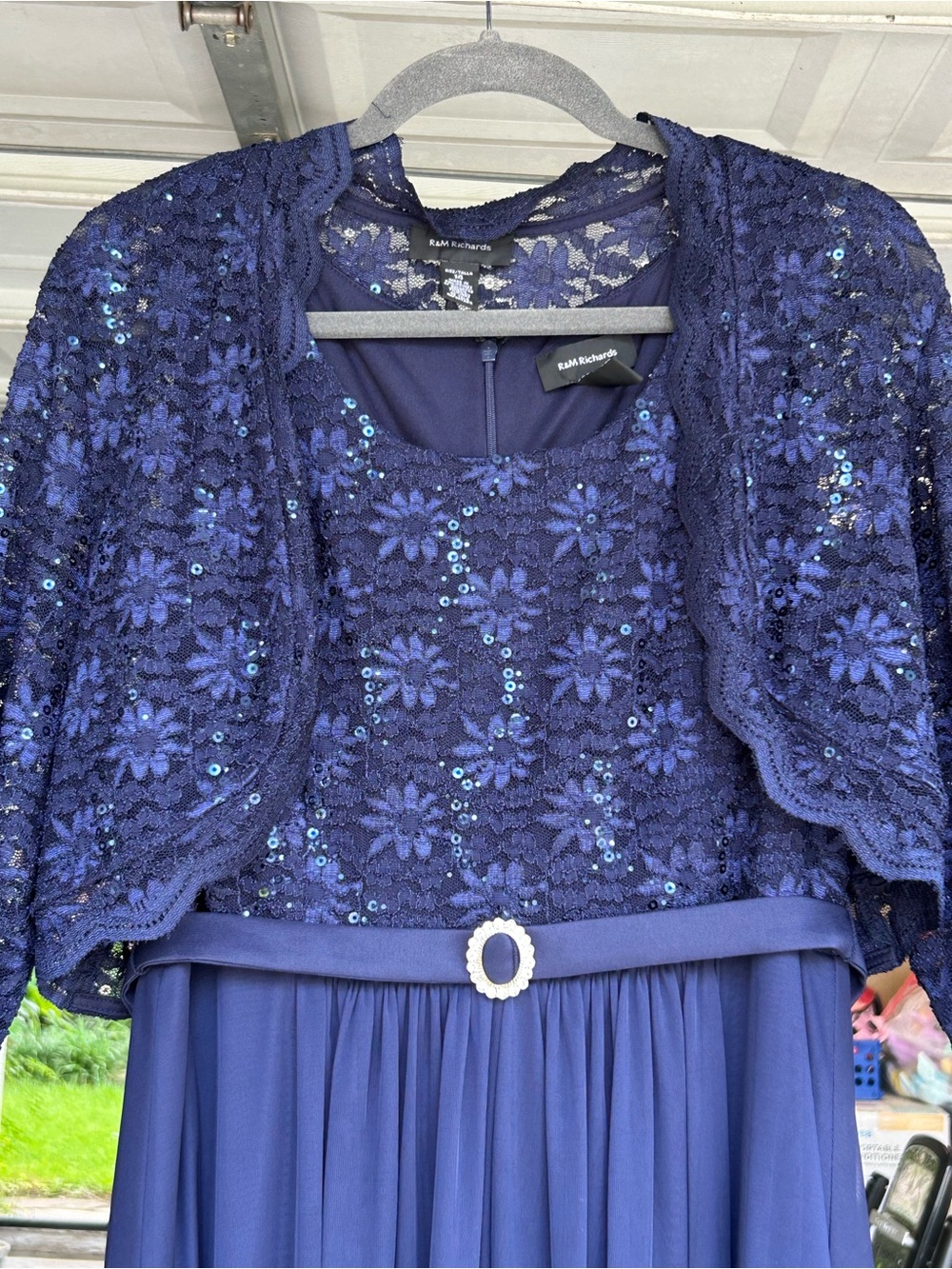 R&M Richards 2-pc Navy Layered Chiffon Evening Dress Size 14 with Belt (114)
